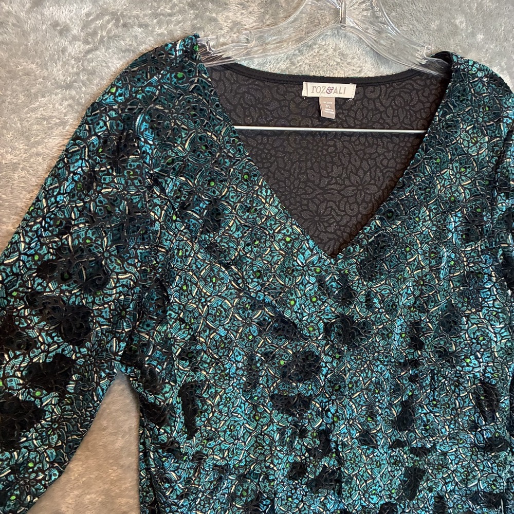 Roz & Ali Women Burnout Velvet V Neck Blouse PL Tiered Layered Ruffle Mosaic